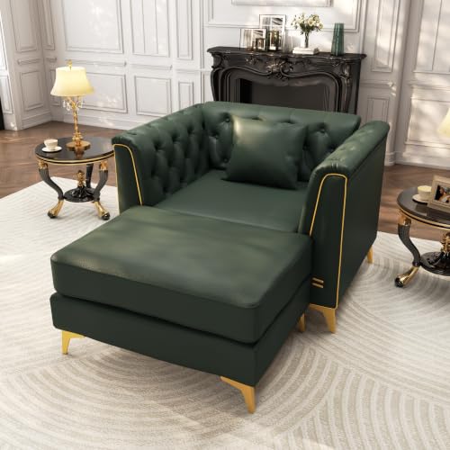 Image of KEIKI 40 inch Faux Leather Chesterfield Sofa with Handmade Button Tufted, Green | Luxury Modern 1-Seater Couch with Metal Trim Armrests & High Resilience Cushion & 1 Ottoman & 1 Pillow, for Living Room