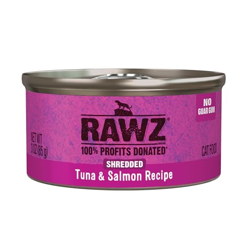 Rawz Natural Premium Shredded Canned Cat Wet Food - Grain Free Made with Real Meat Ingredients No BPA or Gums - 3oz Cans - 18 Count (Tuna & Salmon)