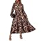 RITERA Plus Size Long Sleeve Dress for Curvy Women 2X Long Dresses V Neck Brown Floral Flowy Fall Party Dresses Maxi Dress with Pockets 2XL 18W 20W
