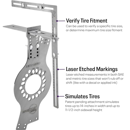 Speedway Motors WheelWise™ 5-Lug Metric Wheel Fitment Tool with Tire Size Attachment, Simulates 14-22 Inch Rim Diameters, 8-14 Inch Widths, 2.5-11.5 Inch Sidewalls, Laser Cut Steel
