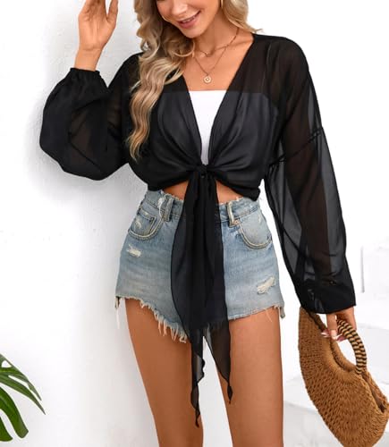 olrain Women Tie Front Beach Cove Up Chiffon Kimono Crop Top Swimming Bikini Bathing Long Sleeve Beach Shirt for Women3