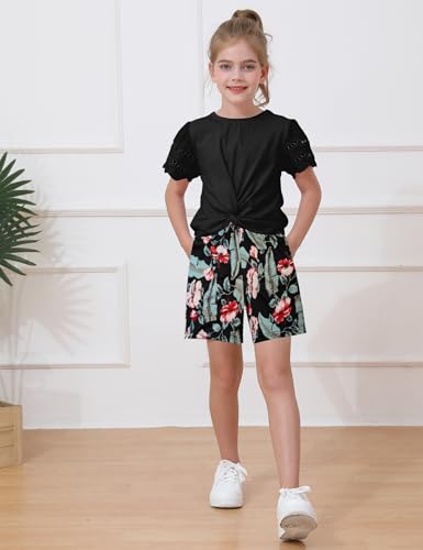 Image of mksodop Girls Clothes 2-Piece Teen Girls clothes Lace Hollow Short-Sleeved Twist T-Shirt And Floral Short Girl Summer Outfits