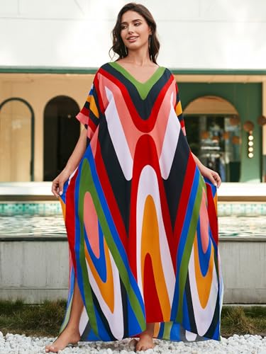 Image of IMAGEKOPE Women's Plus Size Loose Fit Moroccan Print V-Neck Batwing Kaftan Beach Dress Bathing Suit Cover Up