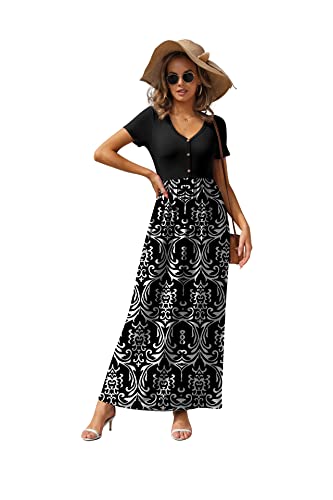 Image of GRECERELLE Womens Summer Long Maxi Dresses 2026 Short Sleeve V Neck Casual Button Dress with Pockets
