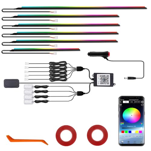 Acrylic Ambient Interior Lighting Car LED Strip Kit 10 in1 LED RGB Tape Light with APP Control,16 Million Colors,210 Modes for Car Cabin Trim Dash Decoration.