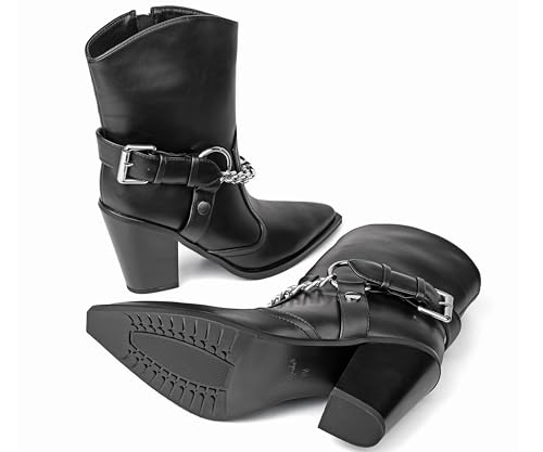 Image of Women's Chain Detail Western Ankle Boots Pointed Toe Block Heel