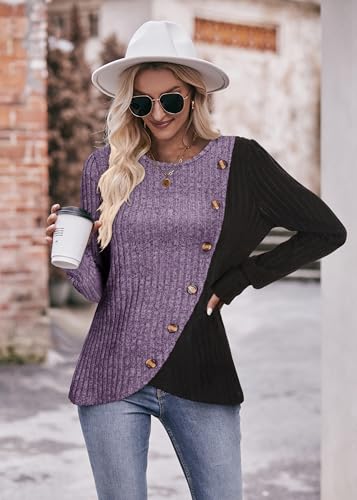 Ladies Jumpers Casual Crew Neck Tops Womens Long Sleeve Tops Buttons Side Tunic Sweatshirts Pullover Lightweight Sweaters Spring Autumn Winter Clothes S-3XL - Image 5