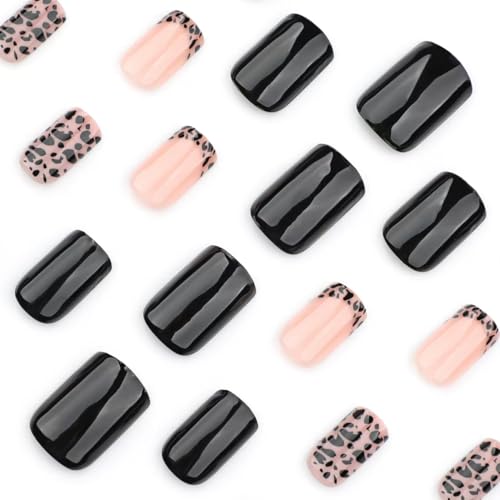 Image of Black Press on Nails Leopard Print Fake Nails with French Tip Design Glossy Glue on Nails Short Square False Nails Artificial Acrylic Full Cover Stick on Nails for Women Girls Nail Decoration 24Pcs