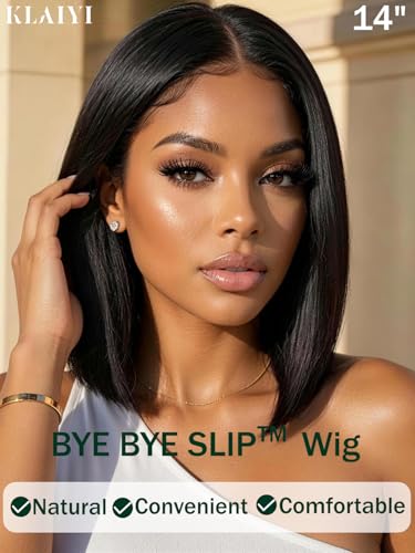 Image of KLAIYI Bye Bye Slip Bob Wig Human Hair Glueless Precut 7x5 HD Lace Front Wigs Drawstring Sleek Straight Pre Plucked Bleached Knots Pre Everything 30S Ready to Wear and Go Wig Beginner Friendly 10Inch