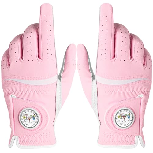AXKAL Hochwertige, bequeme Damen-Golfhandschuhe mit Ballmarker, 2 Stück, Allwetter-Griff, weicher Handschuh für Links- und Rechtshänder, reguläre atmungsaktive Passform, Geschenk für Damen (Rosa, M, 1
