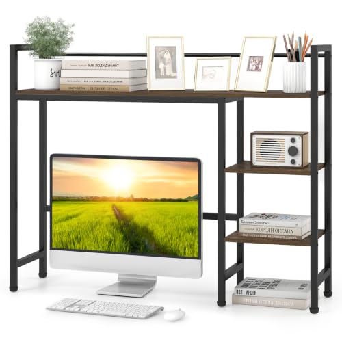Image of Tangkula 4-Tier Desktop Bookshelf, 38.5 inch Dorm Desk Hutch, Rustic Brown