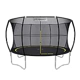 Das innovative Trampolin von Ultrasport gehört zur Kategorie sprungsicheres Trampolin, denn es kommt mit einem extrem belastbaren Elastik-Seilsystem statt quietschender Metall-Sprungfedern