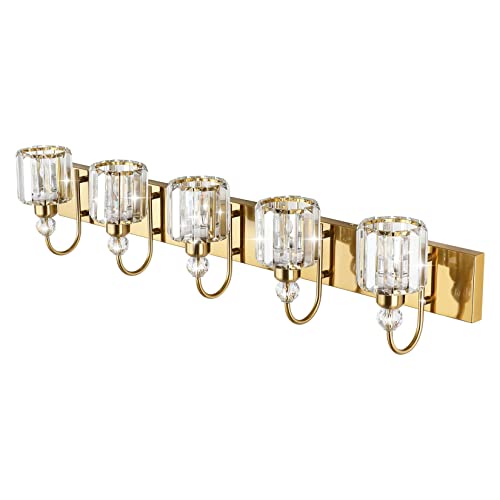 Image of Ralbay Crystal Vanity Lights 5-Lights Brass Gold Over Mirror Modern Bathroom Wall Lighting Fixtures