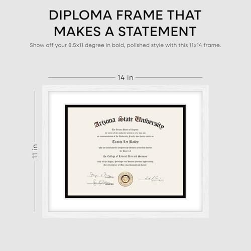 Image of Homeforia 11x14 White Diploma Frame, High End White Oak 11 x 14 Certificate Wood Frames with Mat 8.5x11, 14x11 Wooden Document Matted Frame, Award Graduation Frames, Tempered Glass, Wall Kit, Set of 3