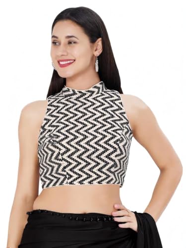 Image of Vamas Women's Net Saree Blouse | Padded Sleeveless Back Open Designer Blouse | ReadymadeEthnic Blouse with Tie-Up Back for Women