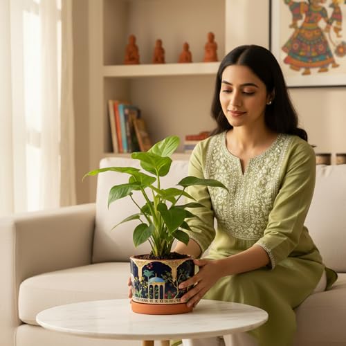 Image of Urban Plant Royal Riyasat 3D Terracotta Pot with Saucer (5 Inch) | Hand-Painted Mughal Art Design Planter | Decorative Indoor Plant Pot with Drainage Hole