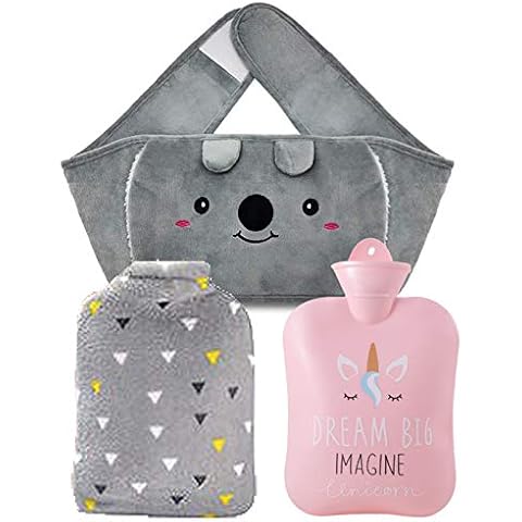 Hot Water Bottle with Cover UK 1L, Rubber Wearable Hot Water Bottles with Fleece Hand and Long Belt Covers, 3 in 1 Grey Large Body Hot Water Bag Winter for Back Legs Feet Neck and Shoulder Warmer Cover