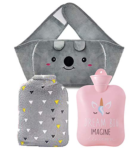 Warmwaterfles met deksel 1L, 3-in-1 rubberen warmwaterflessen met fleece hand en lange taillehoezen, grijs groot lichaam warmwaterzak winter voor achterbenen voeten nek en schouderwarmer