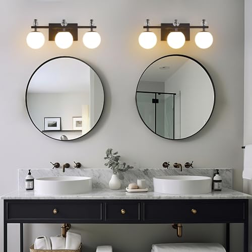 Image of Black 3-Light Bathroom Vanity Light Fixtures Over Mirror Modern Wall Sconce with Milky Glass Ball Shade Mid Century Vanity Lighting for Bedroom