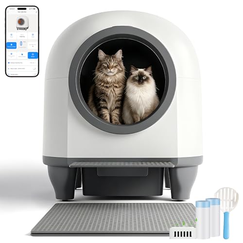 Lettiera Gatto Autopulente con APP, Lettiera Autopulente per Gatti da 90 L con Cassetto Feci da 8,5 L per Oltre una Settimana, Sistema Profumato e Sensore Radar, Adatta a Famiglie con Più Gatti.