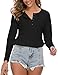WNEEDU Women's Waffle Knit Tunic Tops Loose Long Sleeve Button Up V Neck Henley Shirts,Black,L