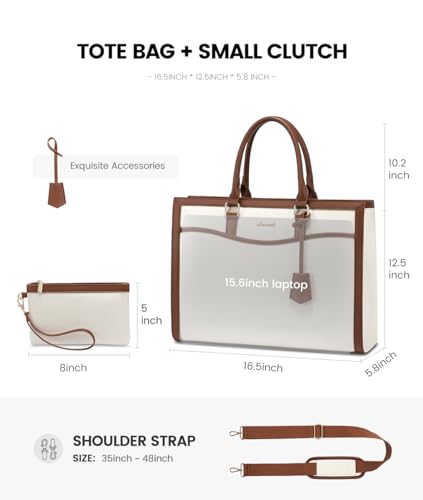Image of LOVEVOOK Laptop Tote Bag for Women, 15.6 inch Lightweight Canvas Office Work Bag Briefcase, Large Capacity Teacher Computer Bag Handbag for Travel Business,2pcs Set Canvas /Beige-Brown