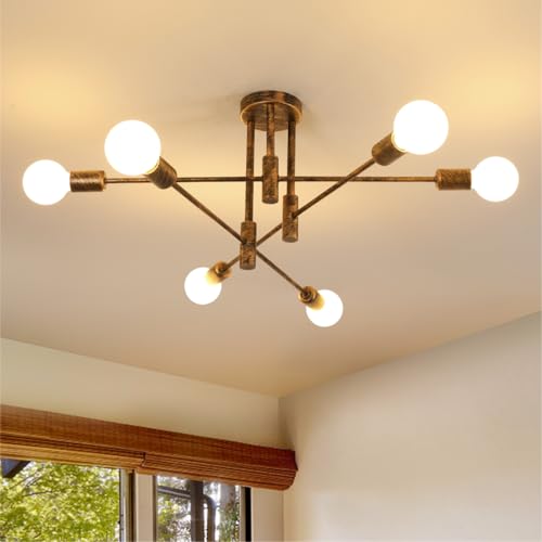 Comely Lustre Sputnik Industriel 6 Lumières E27 Plafonnier Vintage en Metal Angle Réglable Lampe Suspension Bronze pour Salon Chambre Cuisine Salle à...