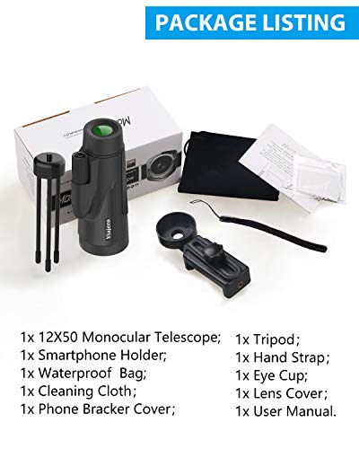 Viajero 12X50 Monocular Telescope, High Power Starscope Monocular with Smartphone Holder & Tripod, Day & Low Night Vision Waterproof Zoom Telescope, BAK4 Prism Dual Focus for Hunting Bird Watching
