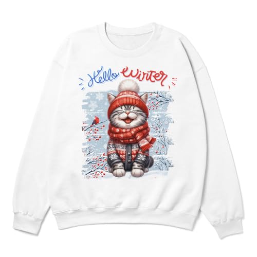 Hello Winter Cat Smiling in Red Scarf Hat Welcome Christmas Adult Youth T-Shirt Hoodie Sweatshirt