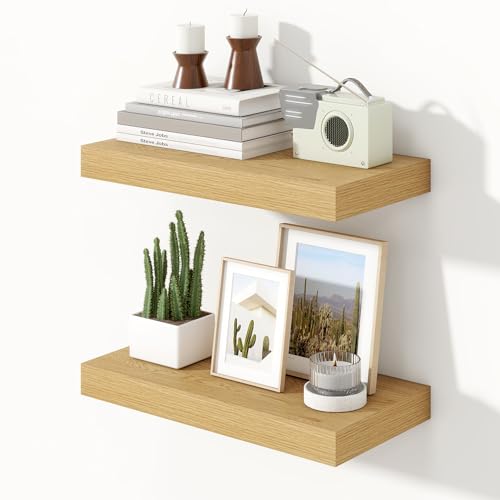 Heimlove 16 inch Floating Shelves for Wall,6.7 inch Deep Small Bathroom Over Toilet Shelf,Wall Mounted Wood Shelves for Bedroom,Living Room,Kitchen,Office,Set of 2,Oak Color