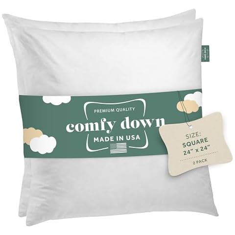 Set of Two 24X24 Decorative Throw Pillow Insert, Down and Feathers Fill, 100% Cotton Cover 233 Thread Count, Square Pillow Insert - Made in USA Cover