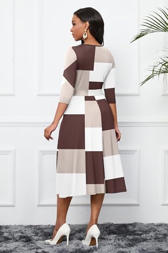 Image of CLOCOR Midi Dresses for Women Casual A-Line Fit and Flare Dress Crewneck 3 /4 Sleeve Keyhole Cocktail Party Church Dress