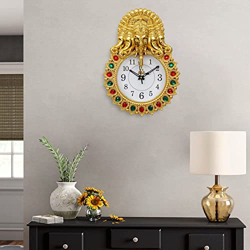 Webelkart Designer Stones Lord Ganesha Plastic Wall Clock For Home/Living Room/Bedroom/Kitchen (Panchmukhigold)