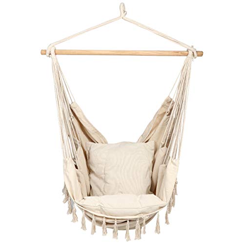 CCTRO Large Hammock Chair | Hanging Rope Swing Seat for Indoor & Outdoor | Soft & Durable Cotton Canvas | 2 Cushions Included with Pocket for Bedroom, Patio, Porch (Beige)