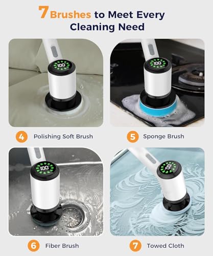 Electric Spin Scrubber, Cordless Cleaning Brush, Bathroom Shower Scrubber with 7 Brush Heads,Floor Polishers with 2 Adjustable Speeds, Extension Handle, IPX7 Waterproof for Tub Tile Floor, White-o2.