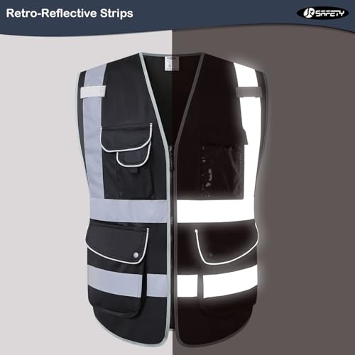 Image of JKSafety 9 Multi-Functional Pockets Zipper Front Safety Vest With Reflective Strips Meet ANSI ISEA Standards (150-Black, X-Large)