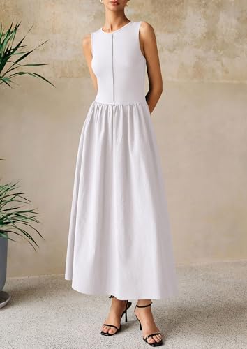 Image of PRETTYGARDEN Maxi Dresses for Women 2026 Summer Casual Sleeveless Patchwork Flowy Vacation Sundress Knit Long Work Tank Dress