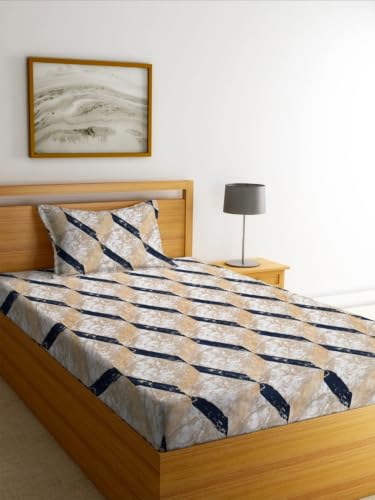Image of NEW LEAF Premium 100% Cotton Feel Elastic Fitted Single Mattress Bedsheets with 1 Pillow Cover| All Around Elastic 200 TC Supersoft | (Size-78+36+6 inches, Beige Navy Marble