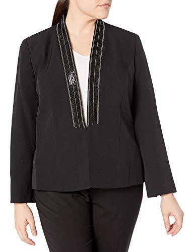 Kasper Women's Plus Size Shawl Collar Fly Away Stretch Crepe Jacket with Beaded Trim, Black, 18W