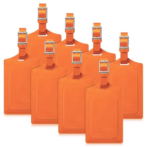 Image of Travelambo 8 Pack Luggage Tags Faux Leather for Suitcases Travel Bag Labels Travel Accessories Essential with Protection Cover ID, Orange, One Size, Elegant and Vibrant