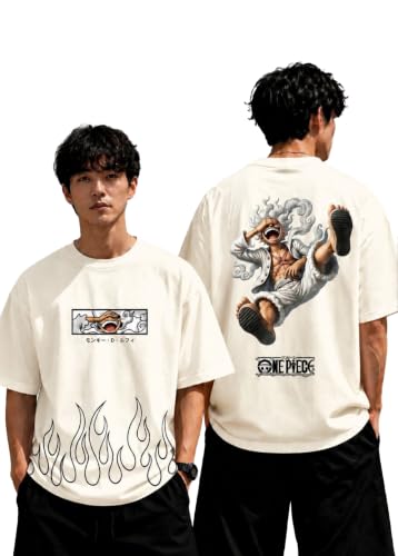 Vaikul Anime Inspired Oversized T-Shirt for Men, Beige - Image 2
