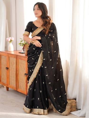 Image of AKHILAM Women's Shimmer Off White Georgette Sequence Embroidery Saree With Unstitched Blouse Piece