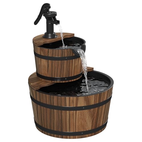 Aoxun 2-Tier Outdoor Water Fountain, Wood Barrel Cascading with Electric Decorative Hand Pump, Rustic Waterfall Fountain for Garden, Backyard, Patio, Porch, Yard