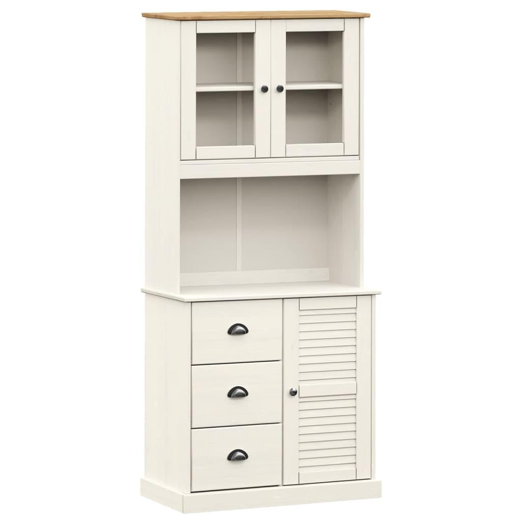 Tablero alto de madera maciza de pino con frentes de cristal y asas de metal. Elegante buffet de cocina con espacio para vajilla y decoración de madera de pino resistente