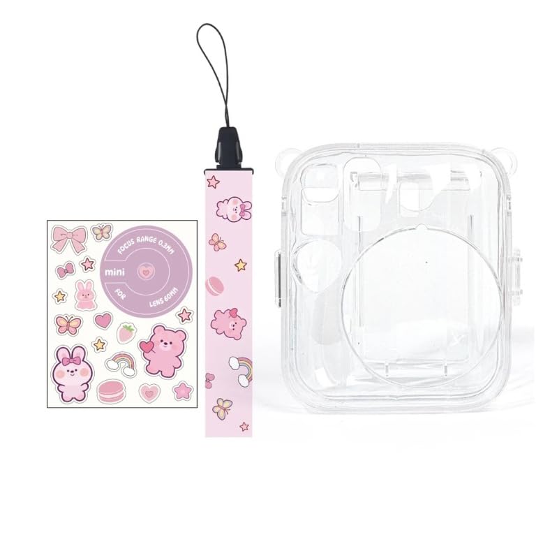Transparent Camera case Compatible with ONLY Fuji-Film Instant Mini 13 - mini 13 Camera case, Cute Pattern Shoulder Strap and Pattern Stickers- Blossom Pink-picture-30