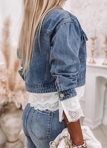 Women's 2025 Blue Single-Breasted Denim Coat Lapel Lace-Trimmed Pockets Short Jacket Fall Winter Trendy Outwear3