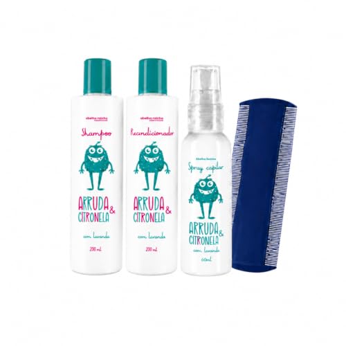 Kit Mata Piolho e Lêndeas,Arruda e Citronela Shampoo, Condicionador, Spray Abelha Rainha e Pente fino