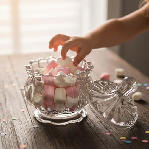 Image of Dimitra Transparent premium Glass Candy Dish with Lid, Crystal Candy Jar, Cookie Jar, Flower Decorative Candy Bowl, Jewelry Dish, Covered Candy Jars for Buffet, Kitchen, Home, Office Desk