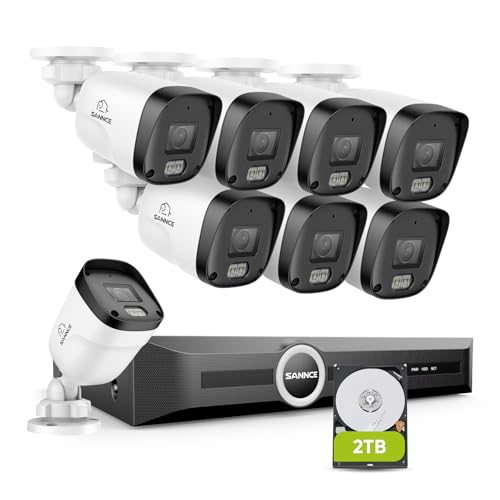 SANNCE Kit Videosorveglianza Poe 8 Telecamere, 5MP Nvr 8 Canali 2K/3MP Telecamere Poe con LED Smart IR, Rilevamento del Movimento, Allarme App, Notturna a Colori 65 Piedi, Hard Disk da 2TB