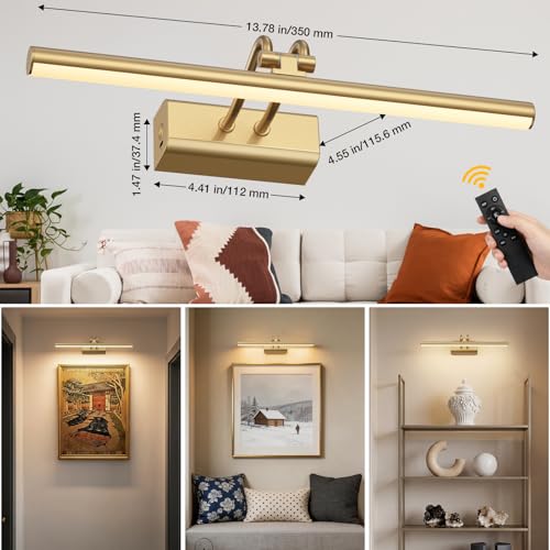 Image of Battery Operated Wall Light, Set of 2, Gold, Remote Control | 13.8'' 4000mAh Cordless,Gold Wall Light, Magnetic for Easy to Charge,Timers, Display for Gallery Living Room Bedroom
